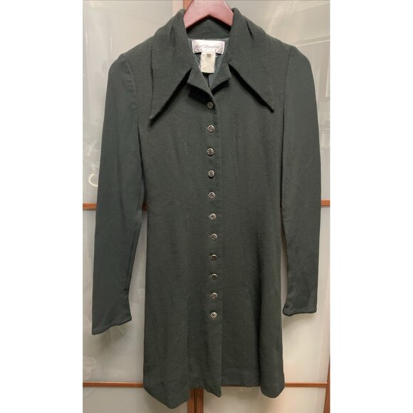 Karl Lagerfeld France Vintage 90s Dark Green Button Up Wool Knit Shirt Dress 38 - Picture 1 of 9